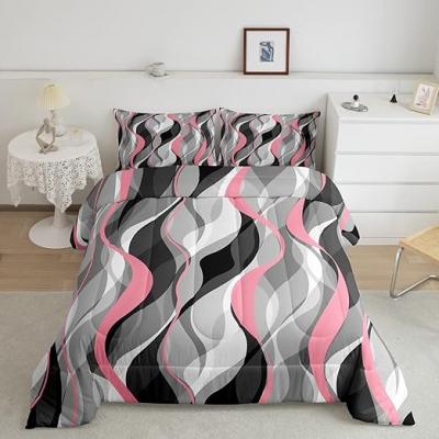 Geometric Pink Grey Black Striped Quilt Set