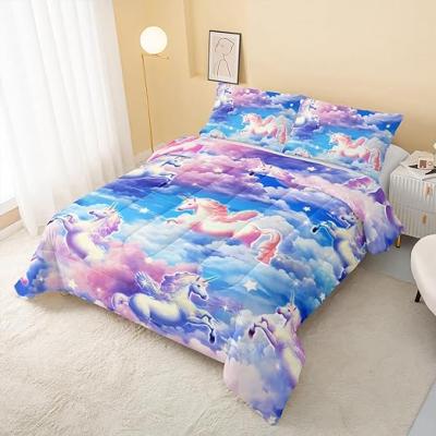 Cartoon Unicorn Blue Purple Cloud Set Quilt