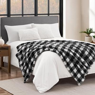 Grey white black square plaid blanket